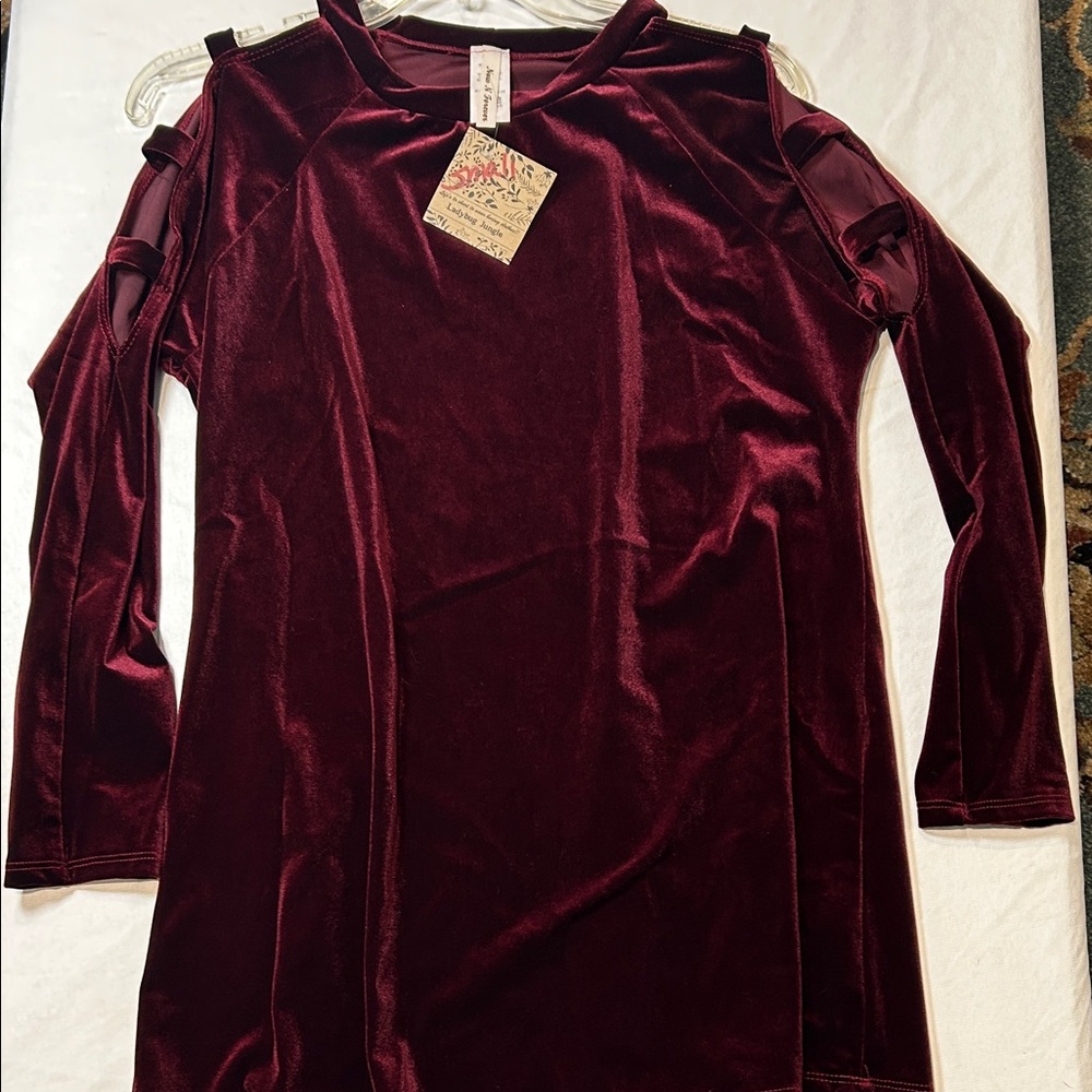 Now and Forever Burgundy Red  Velvet Mini Dress Size Small Cut out Sleeves